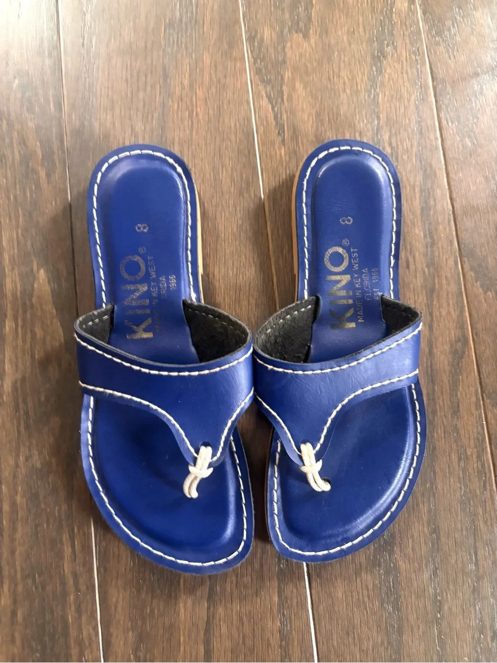 Kino Blue Leather Thong Flip Flop Sandals- Made in Key West USA- Size 8